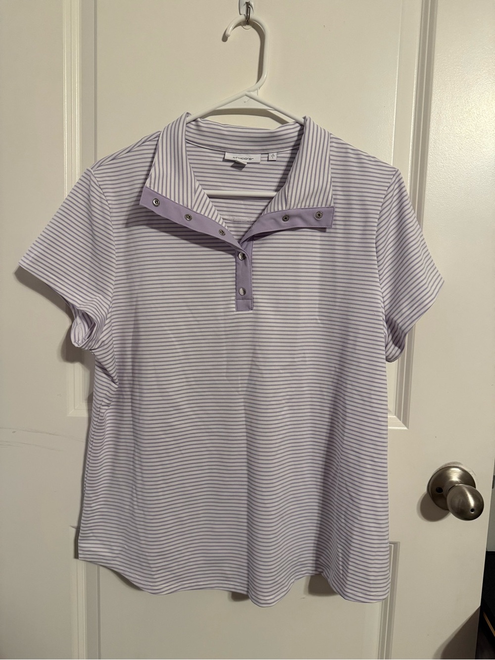Chico's Lavender & White Striped Short-Sleeve Snap Polo